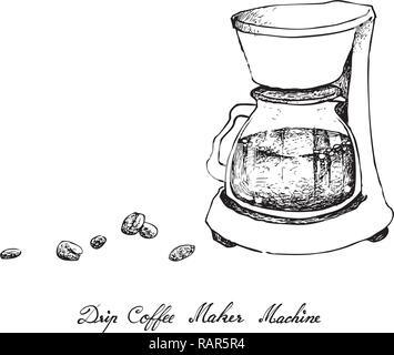 Abbildung Hand gezeichnete Skizze von Kaffeebohnen mit Tropf-stopp Kaffeemaschine Maschine isoliert auf weißem Hintergrund. Ein Gerät zum Kaffee brühen verwendet Stock Vektor
