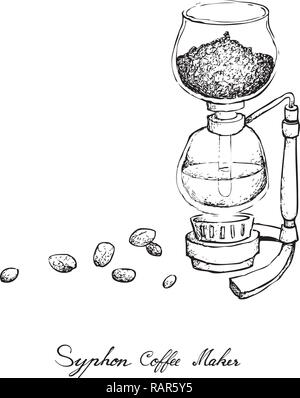 Abbildung Hand gezeichnete Skizze von Vakuum Kaffeemaschine oder Syphon Kaffeemaschine isoliert auf weißem Hintergrund. Ein Gerät zum Brühen von Kaffee verwendet. Stock Vektor