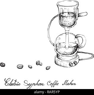 Abbildung Hand gezeichnete Skizze von Vakuum Kaffeemaschine oder Syphon Kaffeemaschine isoliert auf weißem Hintergrund. Ein Gerät zum Brühen von Kaffee verwendet. Stock Vektor
