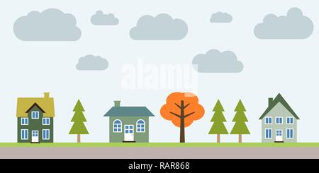Kleine Stadt leben - nettes Dorf Vector Illustration. Vorort. Stock Vektor