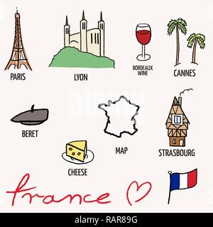 Frankreich Sehenswürdigkeiten Vektor einrichten - Paris Eiffel Tower, Lyon, Cannes, Strassburg, Käse, Wein und Baskenmütze. Stock Vektor