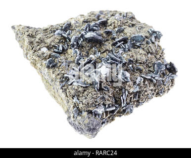 Makrofotografie von natürlichen Mineral aus geologische Sammlung - Magnetit Kristalle auf rauhen Rock auf weißem Hintergrund Stockfoto