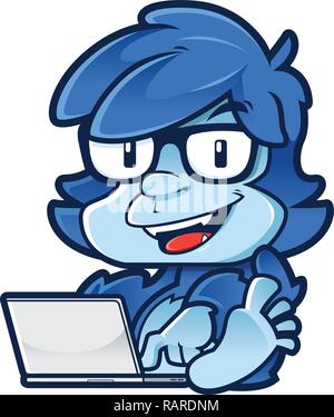 Funny cartoon monster with laptop, isolated on white background. Stock Vektor