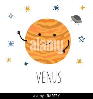 Vektor cartoon Lustige Abbildung des Planeten Venus lächelt glücklich in retro Flachbild Cartoon Stil auf Space Star Sky. Poster für Kinder Zimmer, Bildung. Stock Vektor