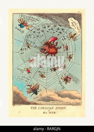 Thomas Rowlandson (British, 1756 1827), der korsischen Spinne in seinem Netz, veröffentlicht 1808, handkolorierte Radierung neuerfundene Stockfoto