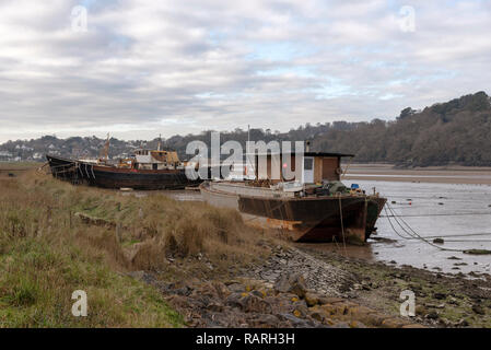 Fluss Torridge, Bideford, Devon, England, UK. Januar 2019. Alte angeln Boote für Wohnraum, Hintergrund der Bideford. Stockfoto