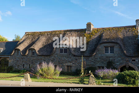 Alten schönen traditionellen Haus aus Stein mit Reetdach in der Bretagne nicht weit vom Mont Saint Michel. Bretagne, Normandie, Frankreich Stockfoto