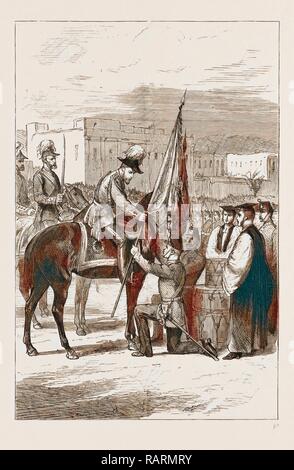 Der Prinz von Wales bei MALTA, 1876: PRÄSENTATION DER NEUEN FARBEN DER 98 th Regiment. Neuerfundene durch Gibon. Klassische neuerfundene Stockfoto