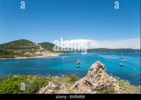 Blick vom Cap Taillat an der Küste bei l'Escalet, Ramatuelle, Var, Provence-Alpes-Cote d'Azur, Frankreich, Europa Stockfoto