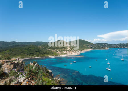 Blick vom Cap Taillat an der Küste bei l'Escalet, Ramatuelle, Var, Provence-Alpes-Cote d'Azur, Frankreich, Europa Stockfoto