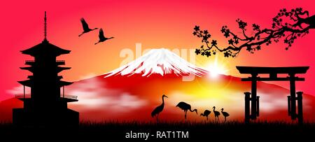 Silhouette Fuji Berg bei Sonnenaufgang. Fuji gegen den roten Himmel und die aufgehende Sonne. Landschaft, Mount Fuji. Mount Fuji auf einem roten Hintergrund. Stock Vektor