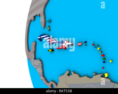 Karibik mit nationalen Flaggen auf Blau politische 3D-Globus. 3D-Darstellung. Stockfoto