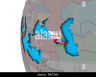 Kaukasus mit nationalen Flaggen auf Blau politische 3D-Globus. 3D-Darstellung. Stockfoto