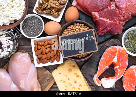 Auswahl essen Proteinquellen. gesunde Ernährung Konzept. top View Stockfoto
