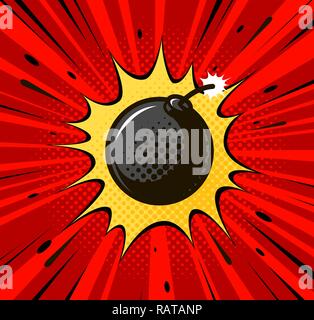 Detonation der Bombe, Kanonenkugel. Brennende Docht, Ausleger, Explosion Konzept. Pop Art retro Comic Stil. Cartoon Vector Illustration Stock Vektor