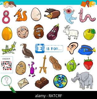 Cartoon Abbildung: Bild Suchen beginnend mit dem Buchstaben E Lernspiel Arbeitsbuch für Kinder Stock Vektor