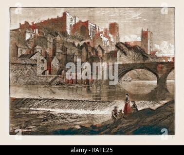 Die Burg und die Kathedrale, und FRAMWELLGATE BRÜCKE ÜBER DEN VERSCHLEISS, Durham, 1883. Neuerfundene durch Gibon. Klassische Kunst mit Neuerfundene Stockfoto