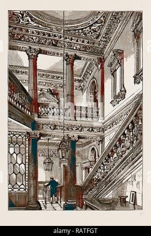 Ein altes Herrenhaus, LONDON', 'COWFIELDS 30, Old Burlington Street, UK, 1886: Eingang und Treppenhaus. Neuerfundene Stockfoto