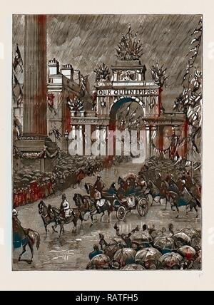 Der BESUCH DER QUEEN zu Liverpool, Großbritannien, 1886: DIE SUCHE NACH LONDON ROAD AUS ST. GEORGE'S HALL: DIE KÖNIGIN VERLASSEN für Neuerfundene Stockfoto