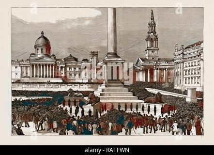 Die AUSSCHREITUNGEN IM WEST END VON LONDON, GROSSBRITANNIEN, 8. Februar 1886: ALLGEMEINE ANSICHT DES TRAFALGAR SQUARE WÄHREND DER SITZUNGEN Neuerfundene Stockfoto