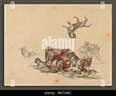 Francisco de Goya, Stier durch Hunde, Spanisch, 1746 - 1828 angegriffen, C. 1825, Lithographie. Neuerfundene durch Gibon. Klassische Kunst neuerfundene Stockfoto