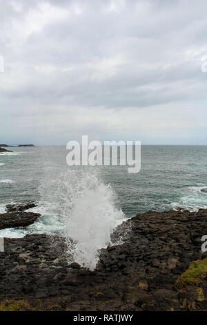 Wenig blowhole in dem malerischen Dorf in der Nähe von Kiama Jervis Bay auf einem Moody Frühling mit Springbrunnen (Jervis Bay, Australien) Stockfoto