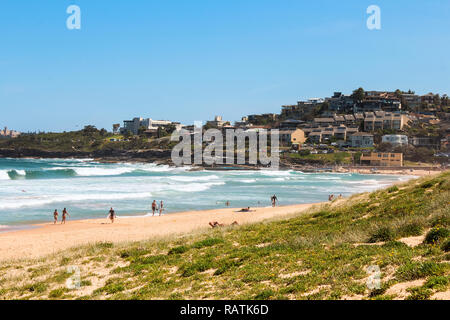 Curl Curl Beach, einem der nördlichen Sydney's Strände, an einem klaren Sommertag mit Surfer, große Wellen, weißen Sand und dem grünen Gras (Sydney, Australien) Stockfoto