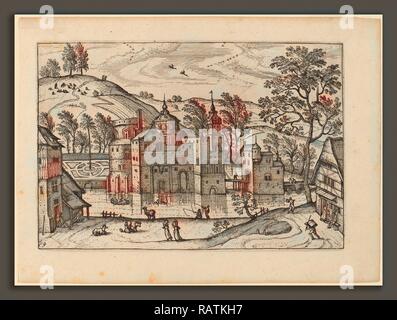 Carel Collaert (Flämisch, Aktive c. 1650), Schloss mit einem Wassergraben, in oder vor 1676 veröffentlicht, das Ätzen mit Neuerfundene retuschiert Stockfoto