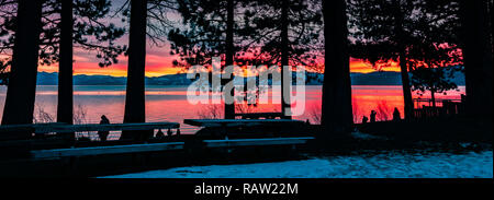 Personen, die eine erstaunliche Sonnenuntergang an der Küste des Lake Tahoe; Pinien Silhouetten im Vordergrund, Kalifornien Stockfoto