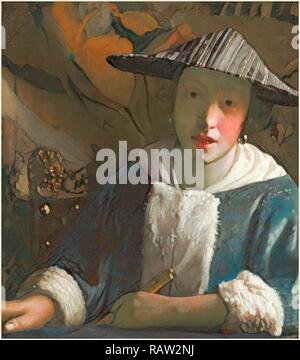 Zurückzuführen auf Johannes Vermeer, Niederländisch (1632-1675), Mädchen mit Flöte, vermutlich 1665-1670, Öl auf Leinwand. Neuerfundene Stockfoto