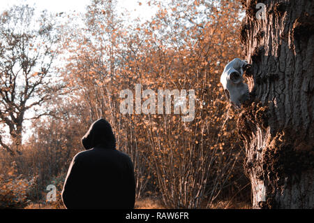 Ein Schaf Schadel Hangen Von Einem Baum Wahrend Eine Finstere Hooded Abbildung Steht Im Hintergrund Verschwommen Und Unscharf Mit Einem Stumm Geschalteten Winter Bearbeiten Stockfotografie Alamy