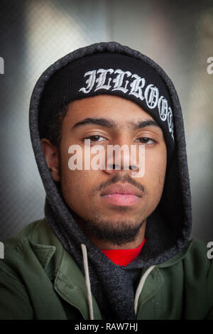 Portrait von Vic Mensa in Chicago, 2012, als er ein Mitglied der Gruppe, die Kinder in diesen Tagen. Stockfoto