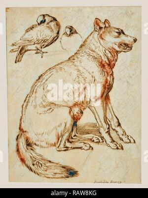 Ein Wolf und zwei Tauben, Sinibaldo Scorza, Italienisch, 1589 - 1631, Italien, Europa, etwa 1610 - 1620, Pen und Bister neuerfundene Stockfoto