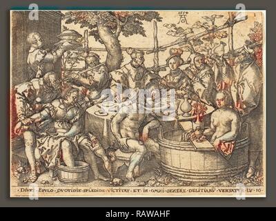 Heinrich Aldegrever (Deutsch, 1502 - 1555-1561), der reiche Mann am Tisch, 1554, Radierung. Neuerfundene Stockfoto