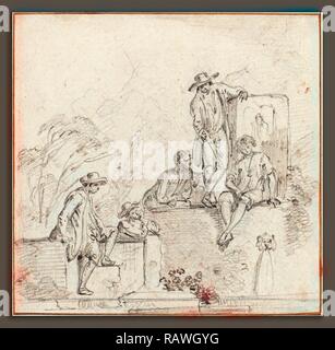 Jean-Baptiste Tann (Französisch, 1716 - C. 1803), Figuren sitzen um einen Brunnen, C. 1755, Schwarze Kreide auf Neuerfundene Stockfoto