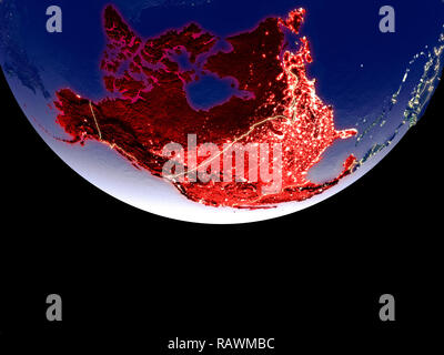 Satellitenansicht von NAFTA-Mitglied staaten aus dem Weltraum in der Nacht. Wunderbar detaillierte Plastic Planet Oberfläche mit sichtbaren Lichter der Stadt. 3D-Darstellung. Ele Stockfoto