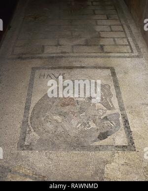 Italien. Pompeji. Haus der verwundeter Bär, zurück in die Mitte des 1. Jahrhunderts datiert. Mosaik mit Ein verwundeter Bär von einem Speer, die durch den Begrüßungstext "Haben" flankiert wird. Haus der Bär (VII, 2, 45). Kampanien. Stockfoto
