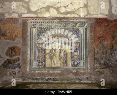 Italien. Herculaneum. Alte römische Stadt, die vom Ausbruch des Vesuv im Jahr 79 N.CHR. zerstört. Atrium des Hauses der Neptun und Amphitrite. 1. Jahrhundert. Mosaik Wand des Meeresgottes Neptun mit Dreizack und seine Frau Amphitrite. Kampanien. Stockfoto