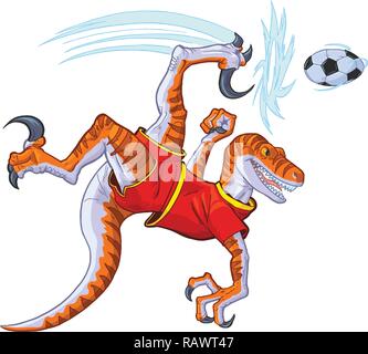 Cartoon clipart Illustration eines Velociraptor Dinosaurier in Uniform Fahrrad treten ein Fußball. einheitliche Farbe in separaten Layer. Stock Vektor