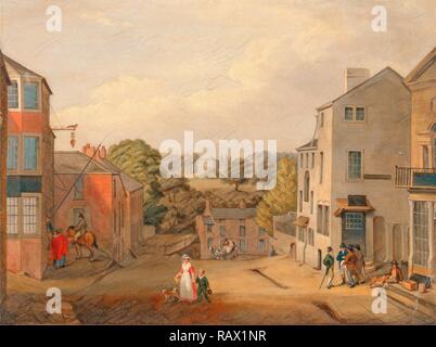 Straßenszene in Chorley, Lancashire, mit Blick auf Chorley Hall, John Bird von Liverpool, 1768-1829, Britisch neuerfundene Stockfoto