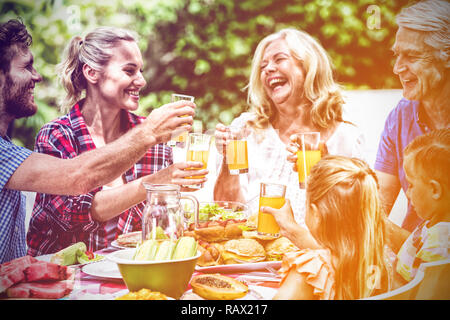 Familie Toasten Getränke während dem Mittagessen in Rasen Stockfoto