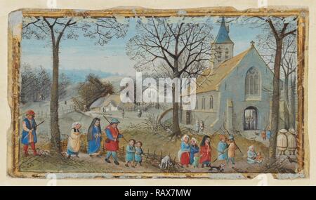 Die Dorfbewohner auf dem Weg zur Kirche, Simon Bening, Flämisch, etwa 1483 - 1561, Brügge, Belgien, Europa, über 1550 Neuerfundene Stockfoto