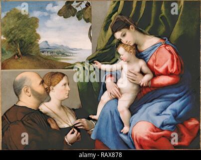 Madonna mit Kind und zwei Spender, Lorenzo Lotto, Italienisch (Venetian), um 1480-1556, 1525-1530, Öl auf Neuerfundene Stockfoto