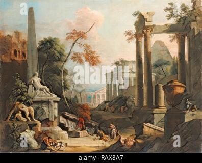 Landschaft mit klassischen Ruinen und Figuren, Marco Ricci, Italienisch, 1676-1730, und Sebastiano Ricci, Italienisch, 1659 überarbeitet Stockfoto