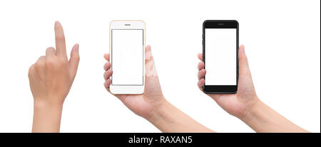 Close-up-Bild von zwei menschlichen Hand mit schwarzen und weißen leeren Bildschirm Smartphone mit Hand in Berührung Geste auf weißem Hintergrund mit clippi isolieren Stockfoto