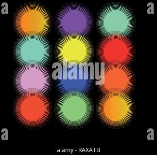 Vektor Muster mit großen, bunten Kreise, Grün, Rot, Gelb, Rosa, Rot, Blau auf schwarzem Hintergrund im quadratischen Format Stock Vektor