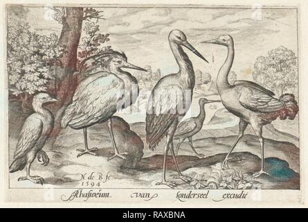 Stork, Kran, Reiher und Löffler, Nicolaes de Bruyn, 1594. Neuerfundene durch Gibon. Klassische Kunst mit einem modernen Touch neuerfundene Stockfoto