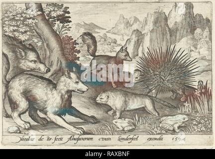 Wildschwein, Fuchs, Biber, Stachelschwein in Frösche, Nicolaes de Bruyn, 1594. Neuerfundene durch Gibon. Klassische Kunst mit einem modernen Neuerfundene Stockfoto