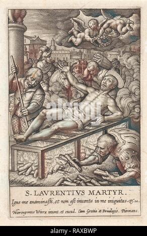 St. Lawrence Festlegung auf einem Gitter, brennt ein Feuer, seine Henker schüren das Feuer, der Präfekt, umgeben Neuerfundene Stockfoto