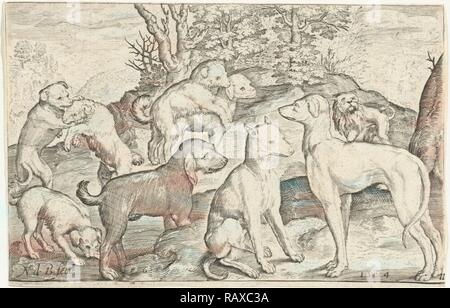 Neun Hunde, Nicolaes de Bruyn, 1594. Neuerfundene durch Gibon. Klassische Kunst mit einem modernen Touch neuerfundene Stockfoto